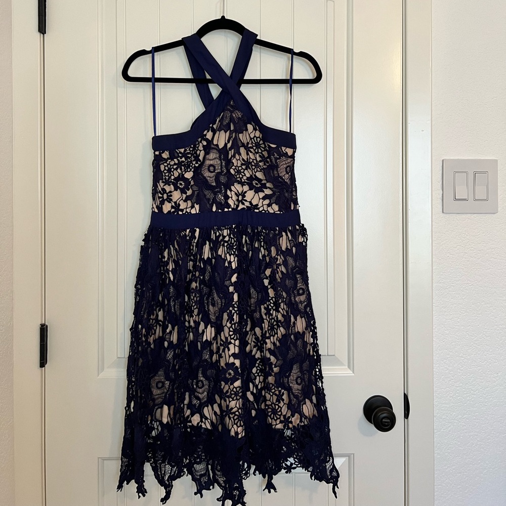 Francesca’s navy lace dress